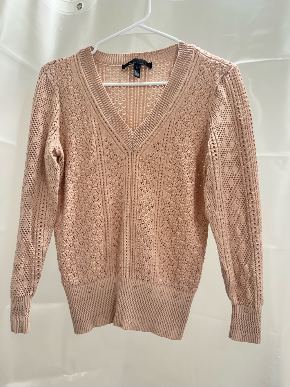 White House Black Market Blush Pink V-Neck Openwork Sweater